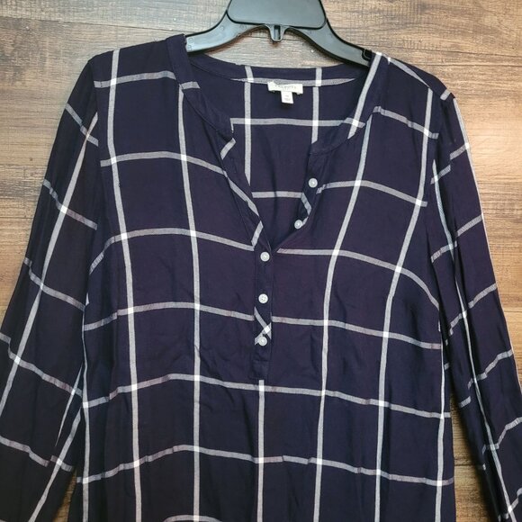 Talbots Tunic Top Women M Windowpane Button Cuffs Notched Neck Blue White - Picture 2 of 10